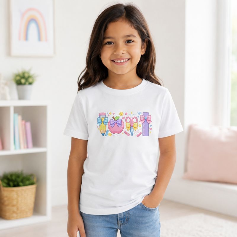 Girl wearing a size 5-6 white organic cotton school T-shirt with pastel pencil, apple, scissors, ruler, bows, and crayons.