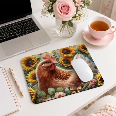 Chicken and sunflower mouse pad on a white desk beside a laptop, pink tea cup, flowers, and floral notebook.
