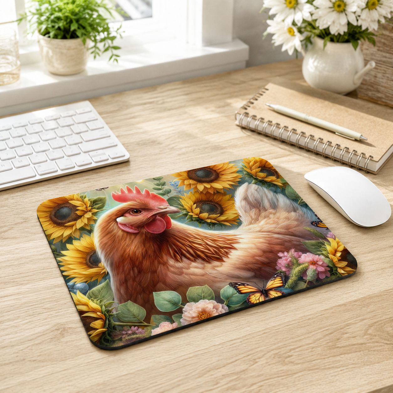 Hen and sunflower mouse pad on a bright farmhouse desk with white keyboard, mouse, notebook, and daisies.