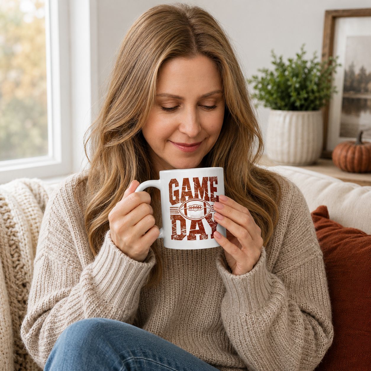 Woman relaxing on a sofa with a white Game Day football coffee mug in a cozy fall setting.