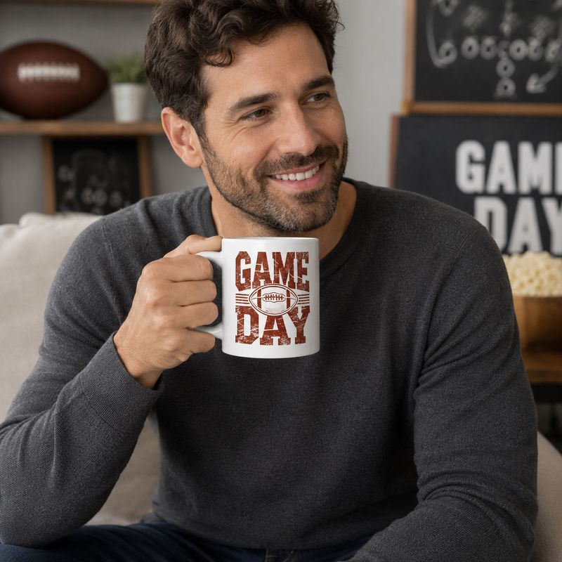 Smiling man holding a white Game Day football coffee mug in a sports-themed living room.