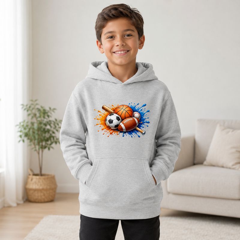 Smiling boy wearing a gray kids sports hoodie with soccer, basketball, football and baseball graphic.