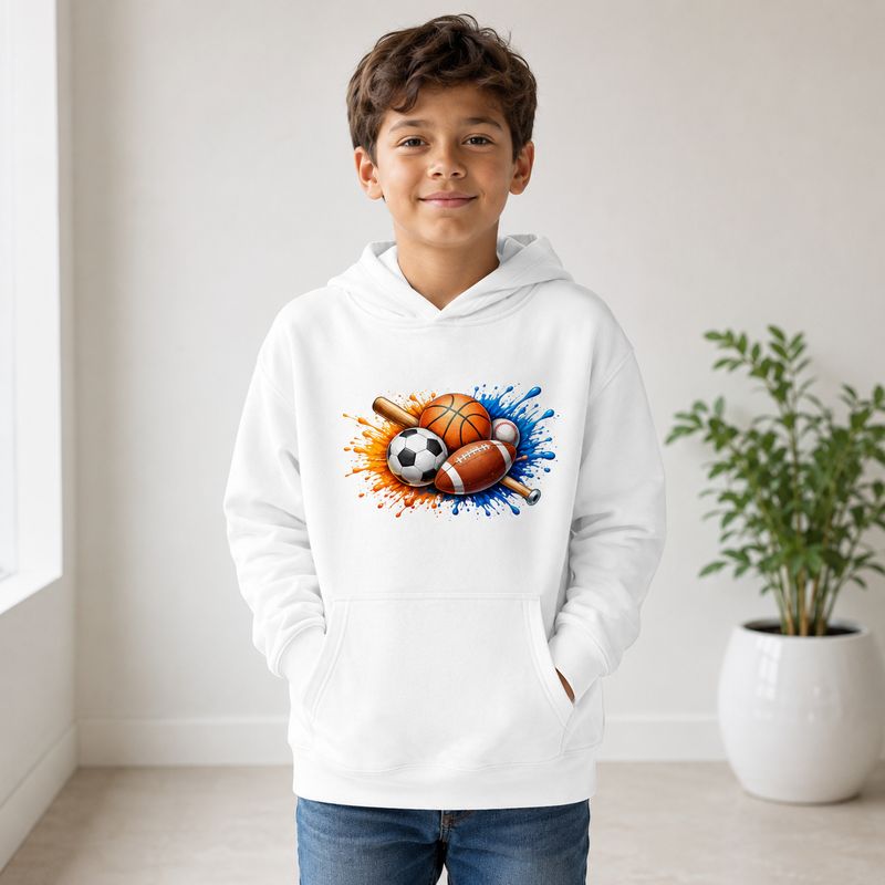 Boy wearing a white kids sports hoodie with a colorful sports ball and baseball bat graphic.