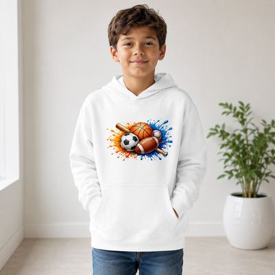 Boy wearing a white kids sports hoodie with a colorful sports ball and baseball bat graphic.