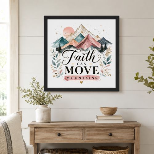 14x14 black framed Faith Can Move Mountains Christian wall art above a farmhouse console table.