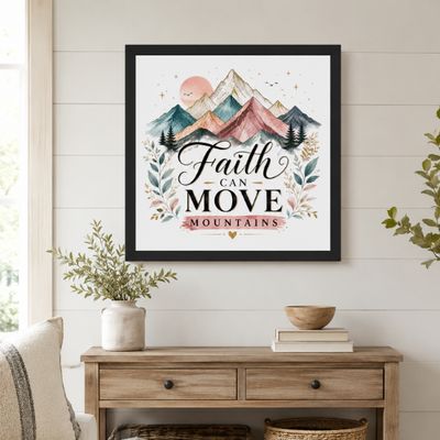 14x14 black framed Faith Can Move Mountains Christian wall art above a farmhouse console table.