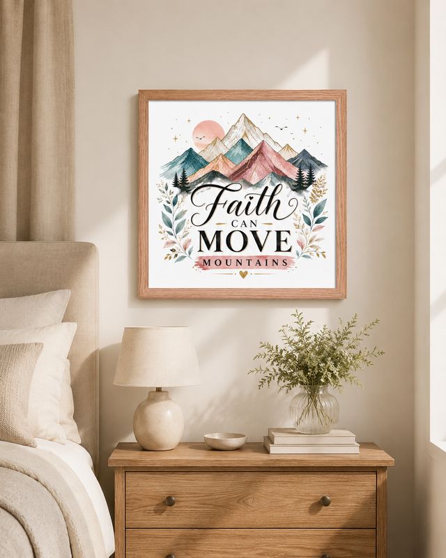 14x14 red oak framed Faith Can Move Mountains Christian wall art in a warm neutral bedroom.