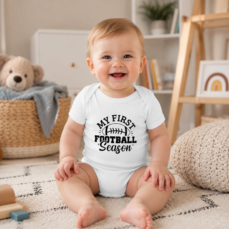 Smiling white baby wearing a My First Football Season bodysuit in a warm neutral nursery with toys.