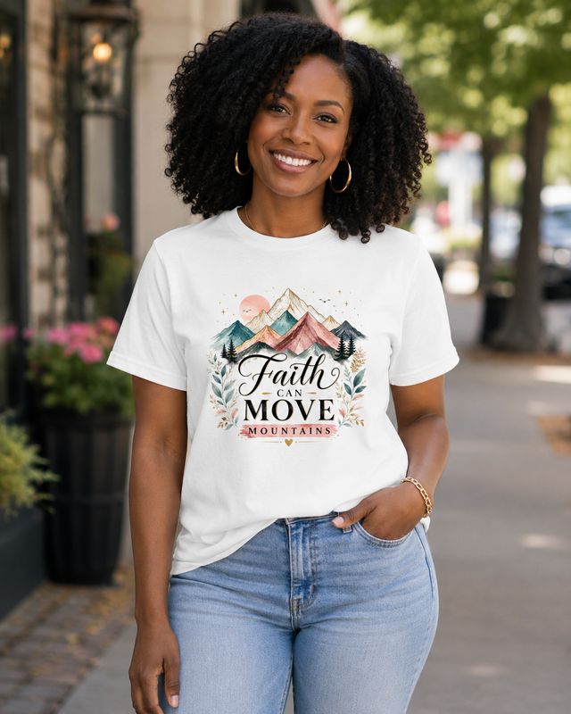 Black woman wearing a white Faith Can Move Mountains T-shirt on a charming tree-lined downtown sidewalk.