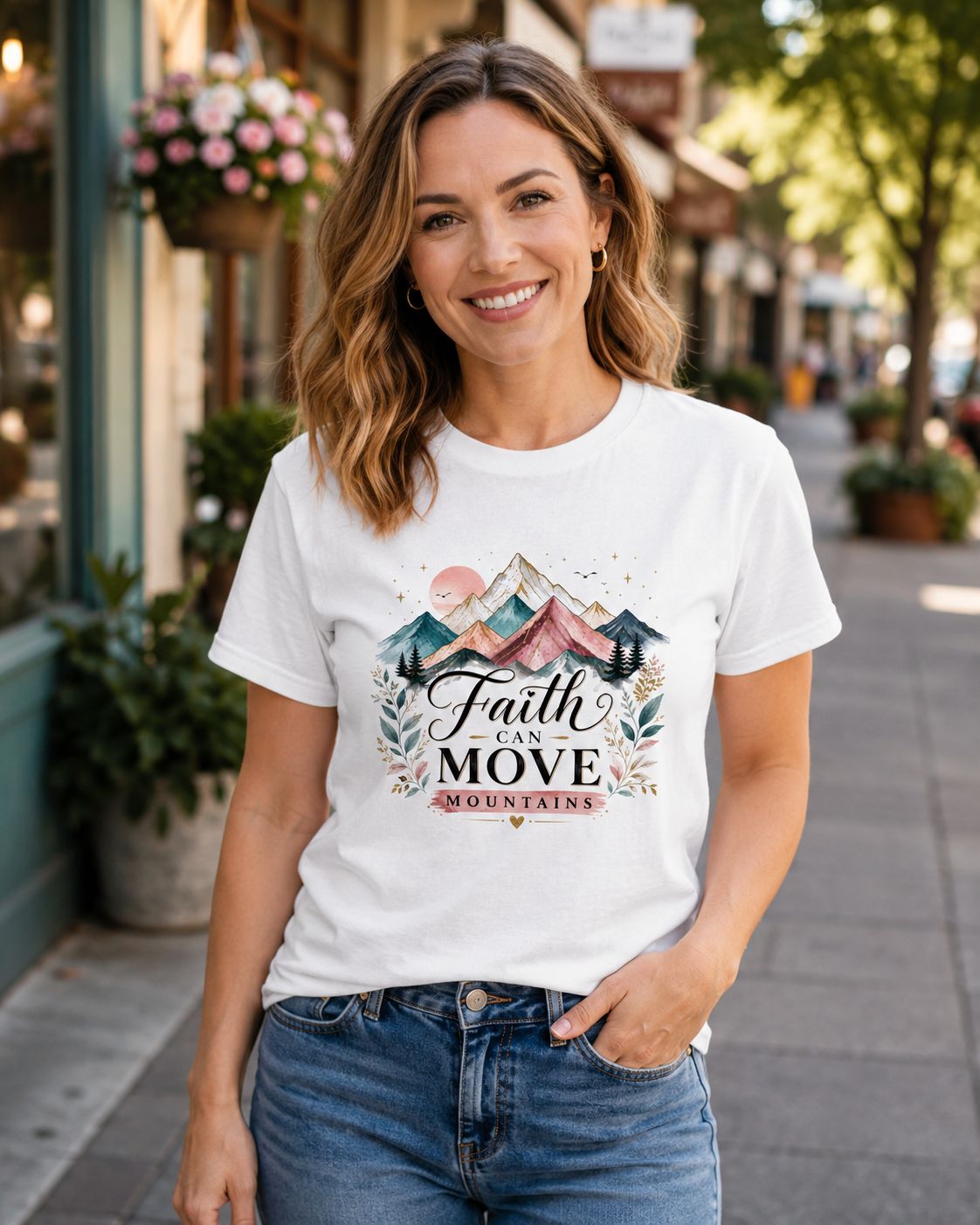 White woman wearing a Faith Can Move Mountains T-shirt on a charming sunlit shopping street.