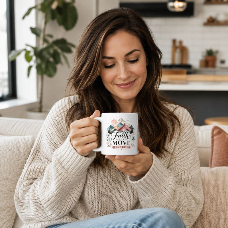 Woman in a cream sweater holding an 11 oz Faith Can Move Mountains mug in a cozy living room.