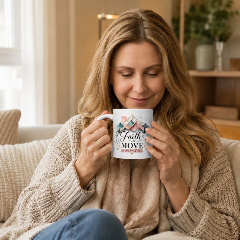 Woman in a cozy living room holding a 20 oz Faith Can Move Mountains mug with watercolor mountain artwork.