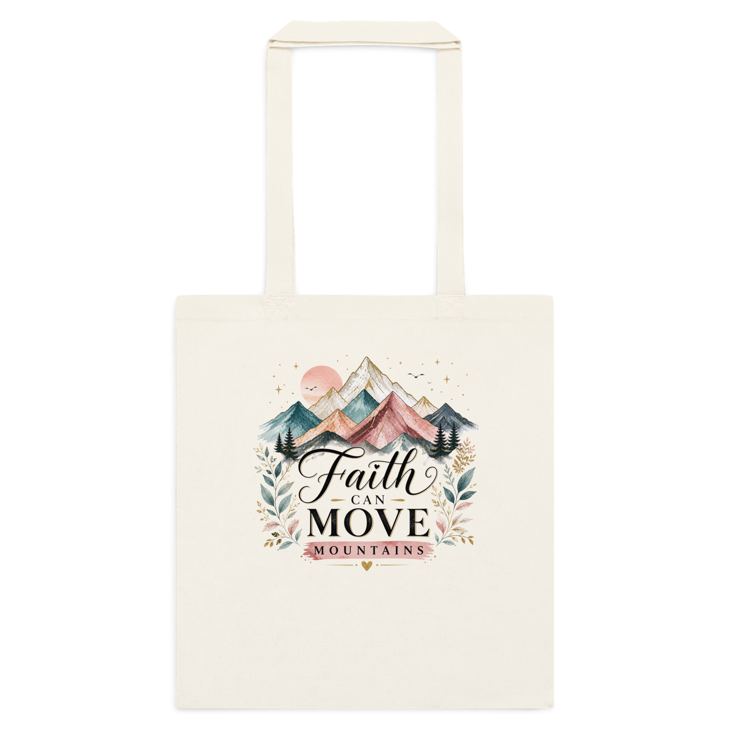 Natural cotton tote bag with watercolor mountains and “Faith Can Move Mountains” Christian inspirational design.