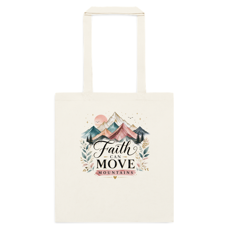 Natural cotton tote bag with watercolor mountains and “Faith Can Move Mountains” Christian inspirational design.
