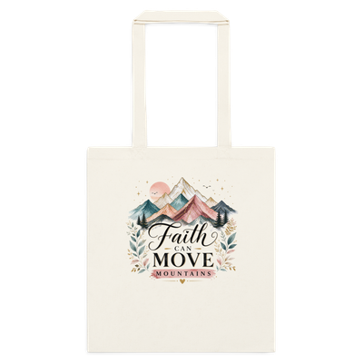 Natural cotton tote bag with watercolor mountains and “Faith Can Move Mountains” Christian inspirational design.