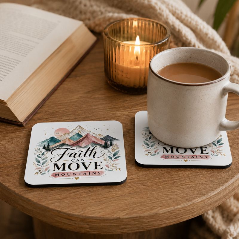 Faith Can Move Mountains coasters on a wooden side table with a cream mug, open book, candle, and cozy blanket.