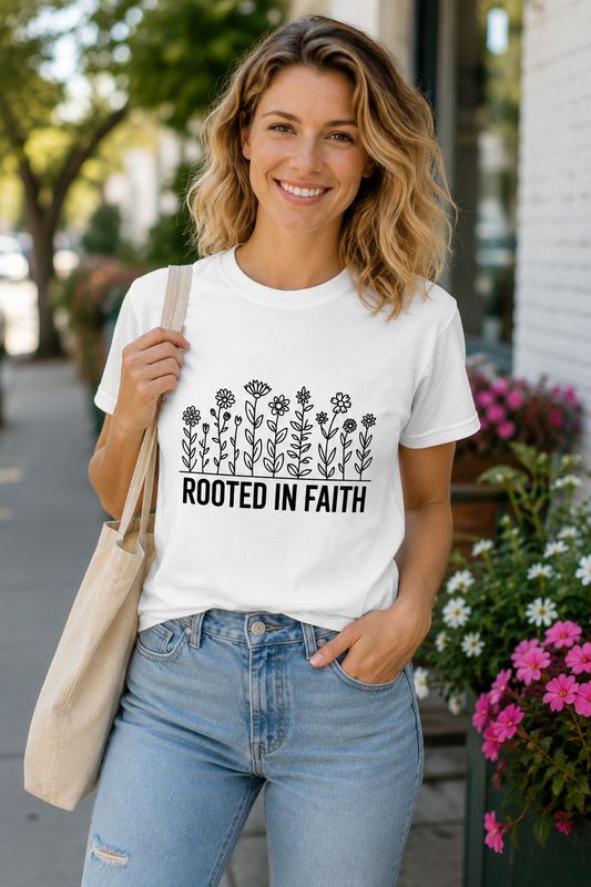 Smiling woman wearing a white Rooted in Faith Christian T-shirt with black wildflowers, jeans, and a canvas tote.
