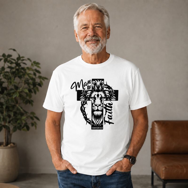 Older white man wearing a white Man of Faith Christian T-shirt featuring a lion, cross, and Bible verse.