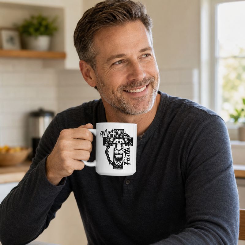 Smiling white man holding a Man of Faith Christian mug with a lion, cross, crown of thorns, and 1 Corinthians 16:13.
