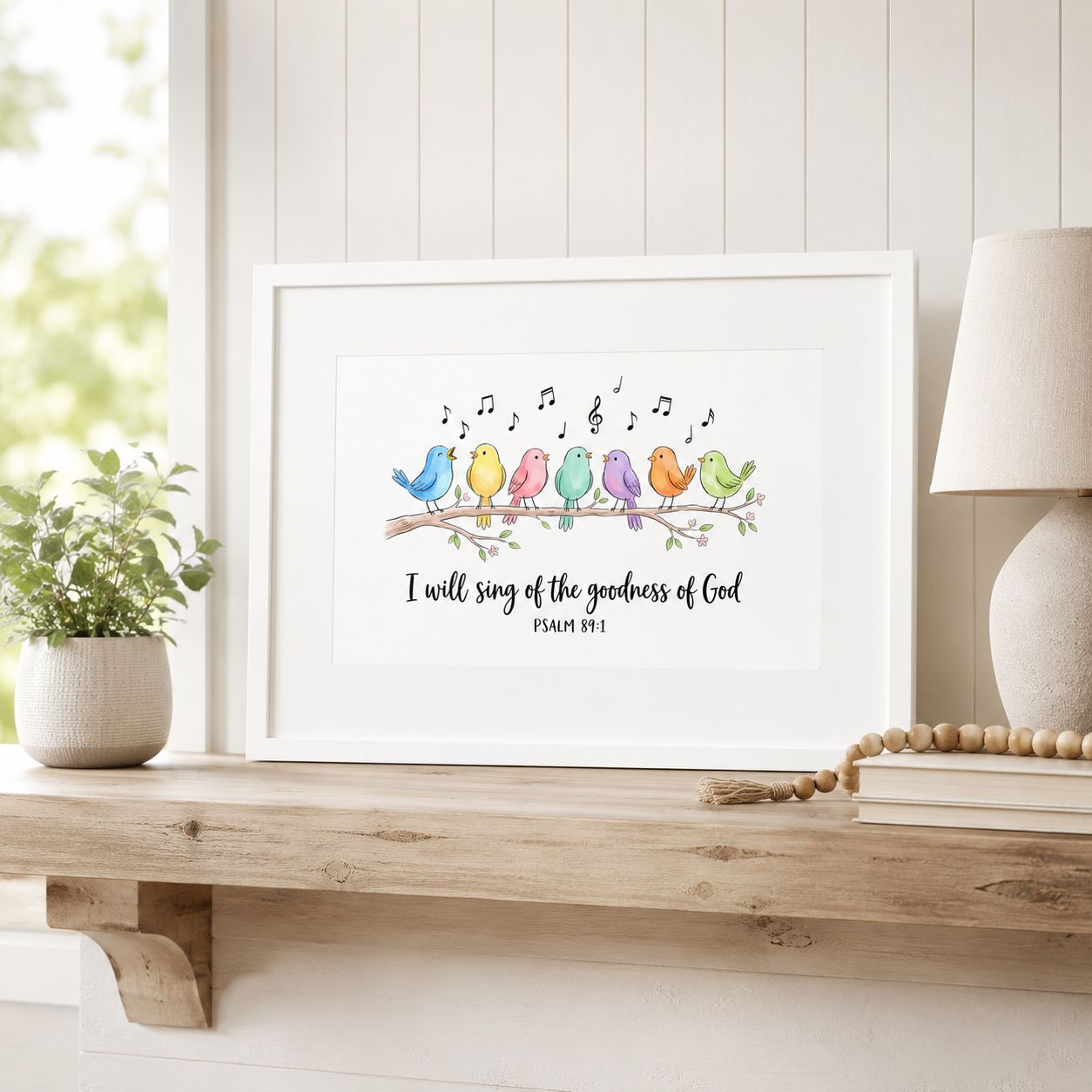 White framed Psalm 89:1 singing birds print styled on a bright farmhouse shelf with neutral decor.