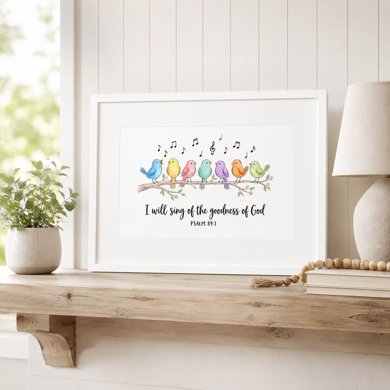 White framed Psalm 89:1 singing birds print styled on a bright farmhouse shelf with neutral decor.