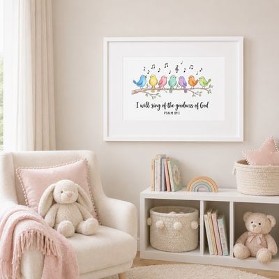 White framed Psalm 89:1 singing birds print displayed in a soft pastel nursery reading nook.
