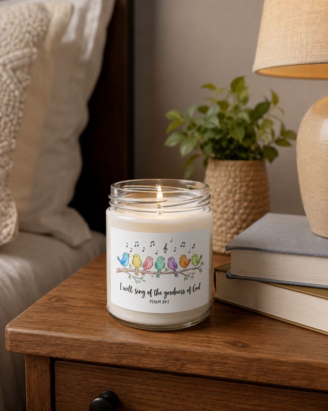 Lit 9 oz white sage and lavender soy candle with Psalm 89:1 bird design on a cozy bedroom nightstand.