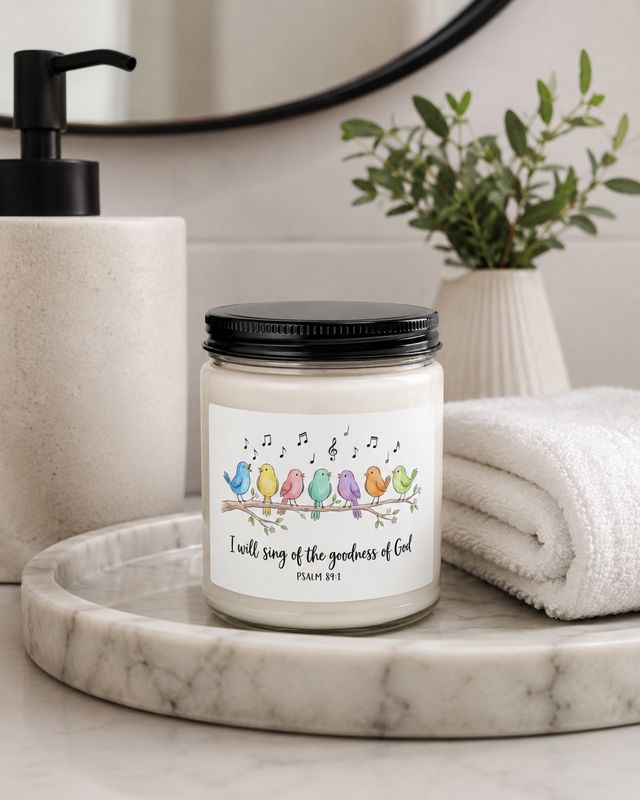 9 oz white sage and lavender soy candle with black lid and Psalm 89:1 bird design on a bathroom vanity.