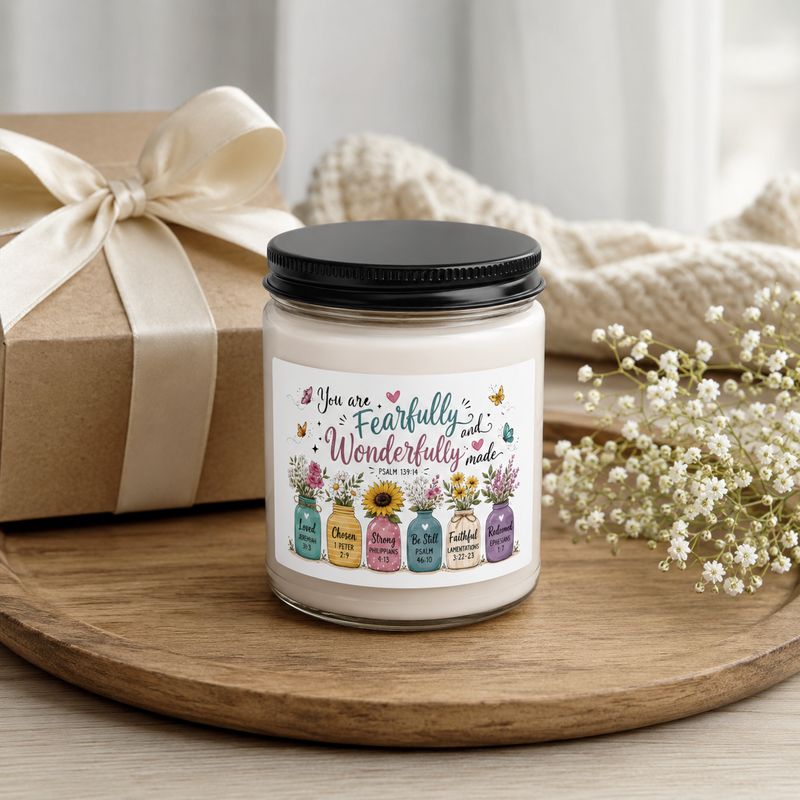 9 oz Psalm 139:14 soy candle with black lid beside a ribboned gift box and white flowers.