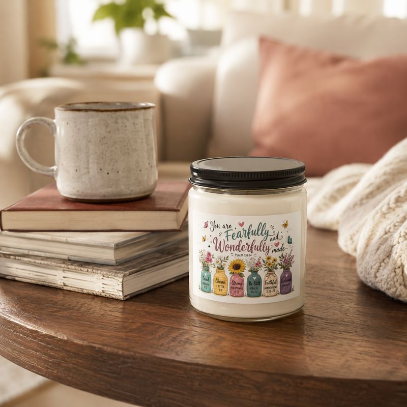 9 oz Psalm 139:14 soy candle with black lid beside books and a mug on a cozy living room table.