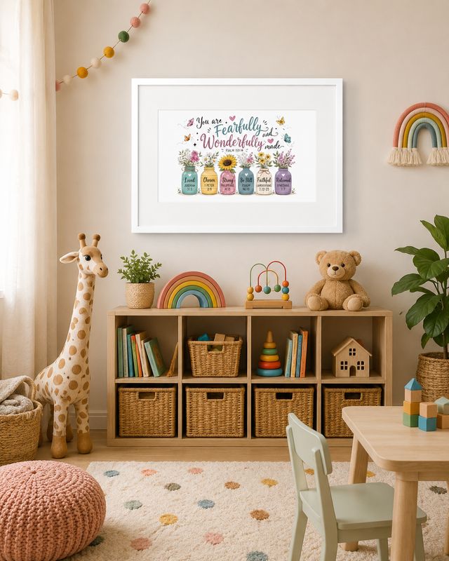 50×70 cm white framed Psalm 139:14 floral print displayed above toy storage in a cozy children’s playroom.