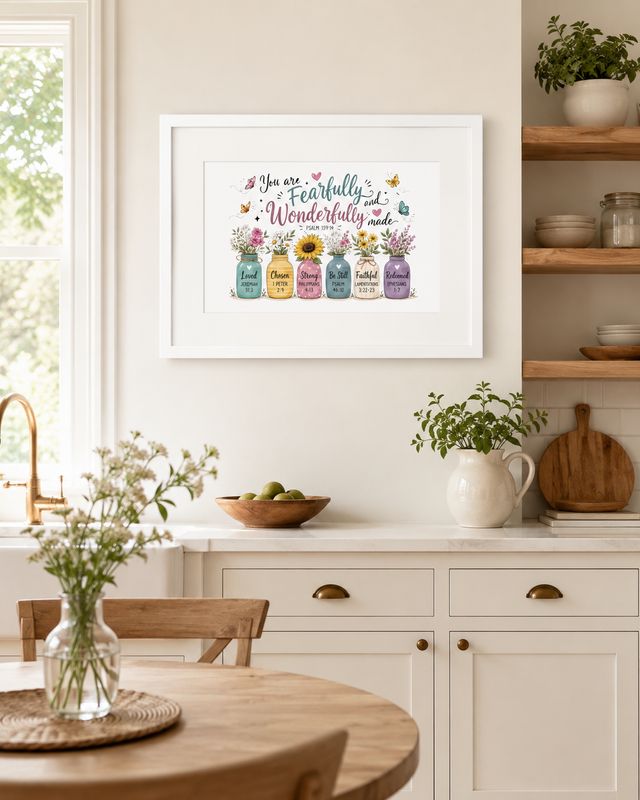 50×70 cm white framed Fearfully and Wonderfully Made print displayed in a bright farmhouse kitchen.