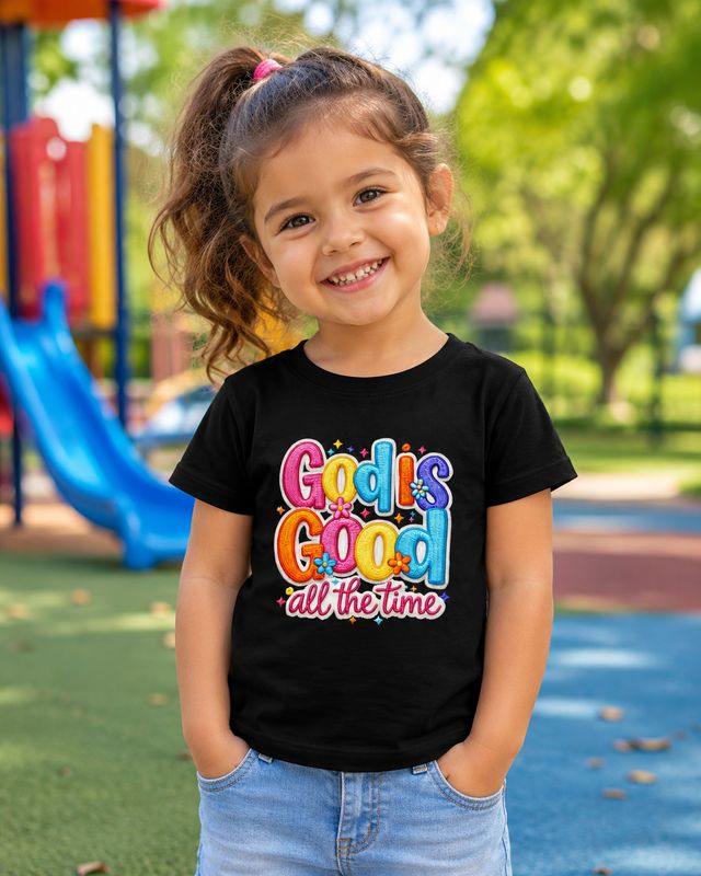 Smiling preschool girl in black “God Is Good All the Time” Christian T-shirt at a colorful playground.