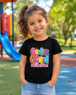 Smiling preschool girl in black “God Is Good All the Time” Christian T-shirt at a colorful playground.
