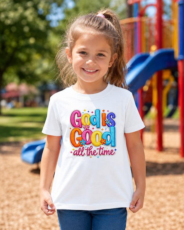 Smiling young girl in white “God Is Good All the Time” Christian T-shirt at a sunny playground.