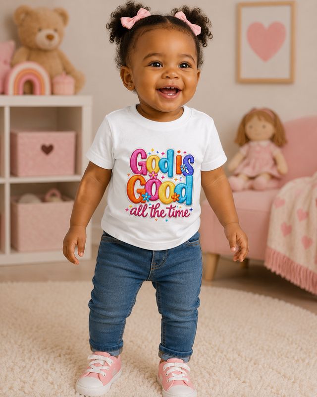 Black toddler girl in a white God Is Good All the Time Christian T-shirt in a pink nursery.