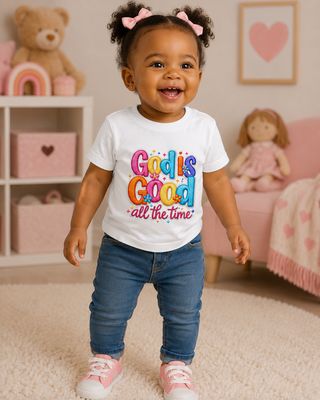 Black toddler girl in a white God Is Good All the Time Christian T-shirt in a pink nursery.