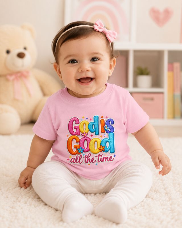 Smiling baby girl in a pink God Is Good All the Time Christian T-shirt in a pastel nursery.