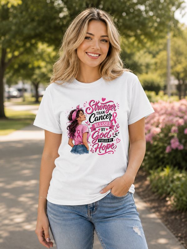 Smiling blonde woman outdoors wearing a white Christian breast cancer awareness T-shirt with pink ribbon design.