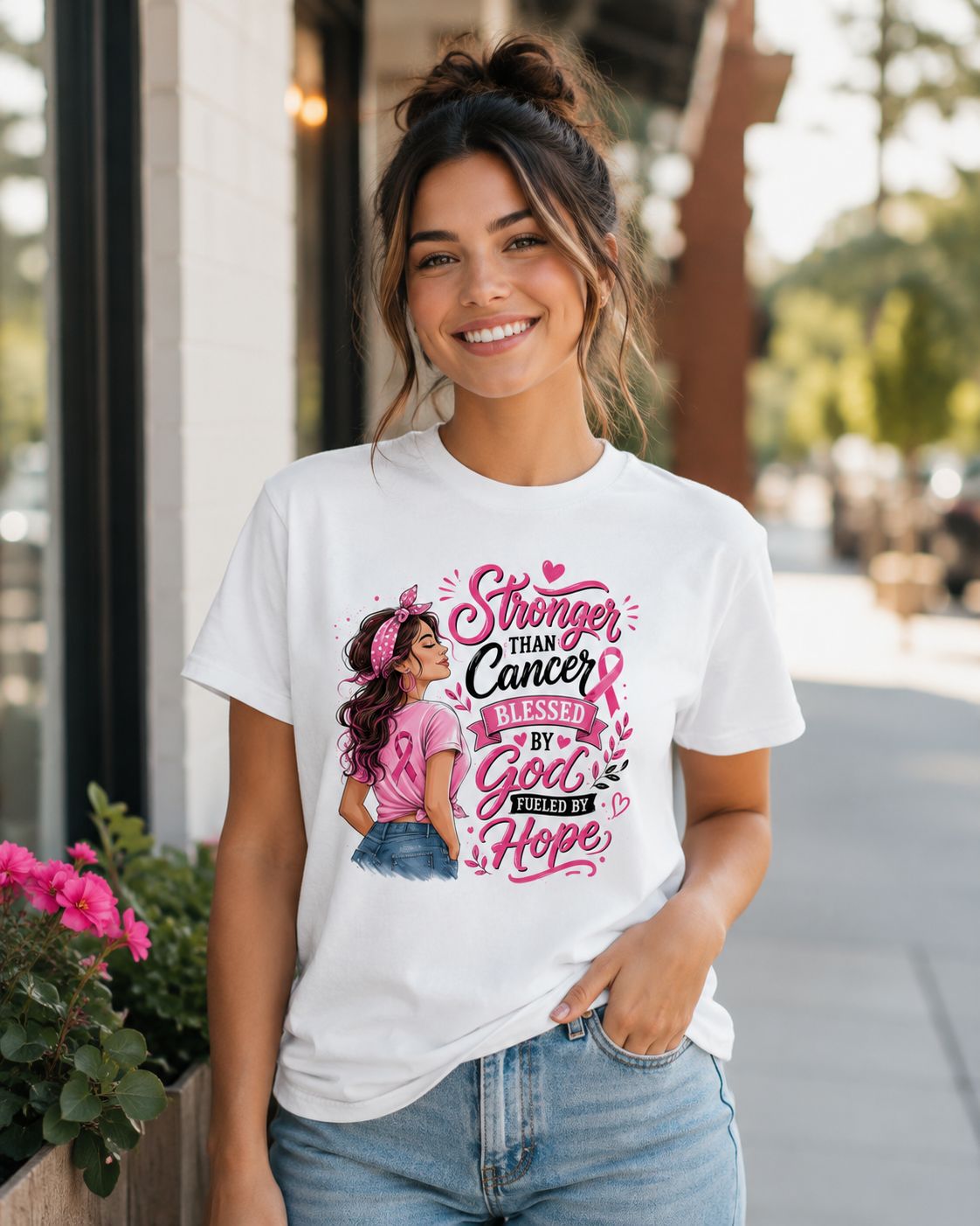 Smiling brunette wearing a white breast cancer awareness T-shirt with “Stronger Than Cancer, Blessed by God” design.