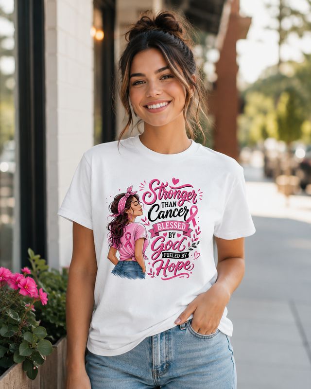 Smiling brunette wearing a white breast cancer awareness T-shirt with “Stronger Than Cancer, Blessed by God” design.