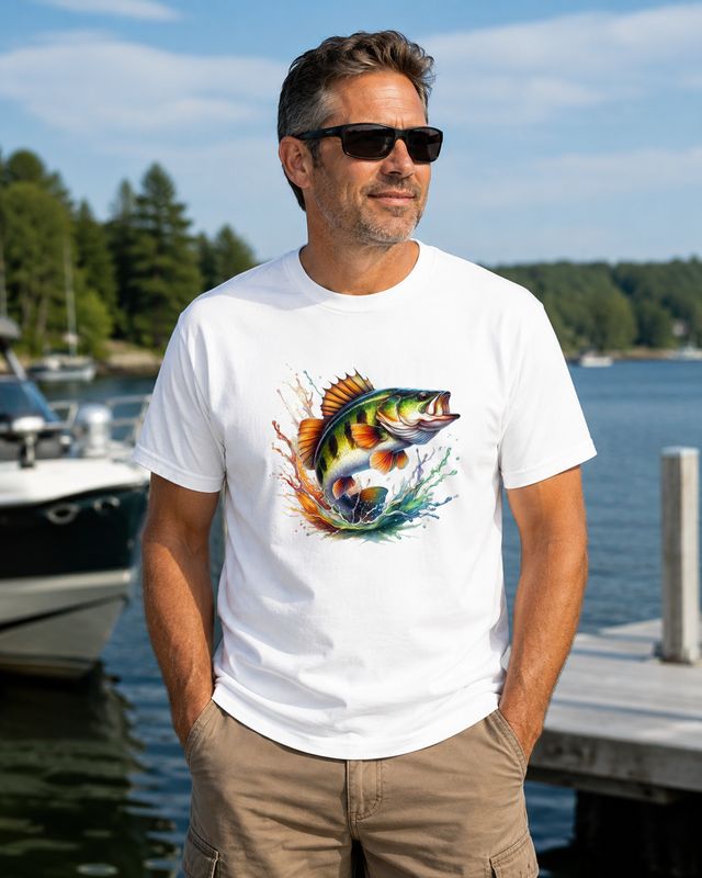Middle-aged man wearing a white bass fishing graphic T-shirt at a sunny lakeside marina.