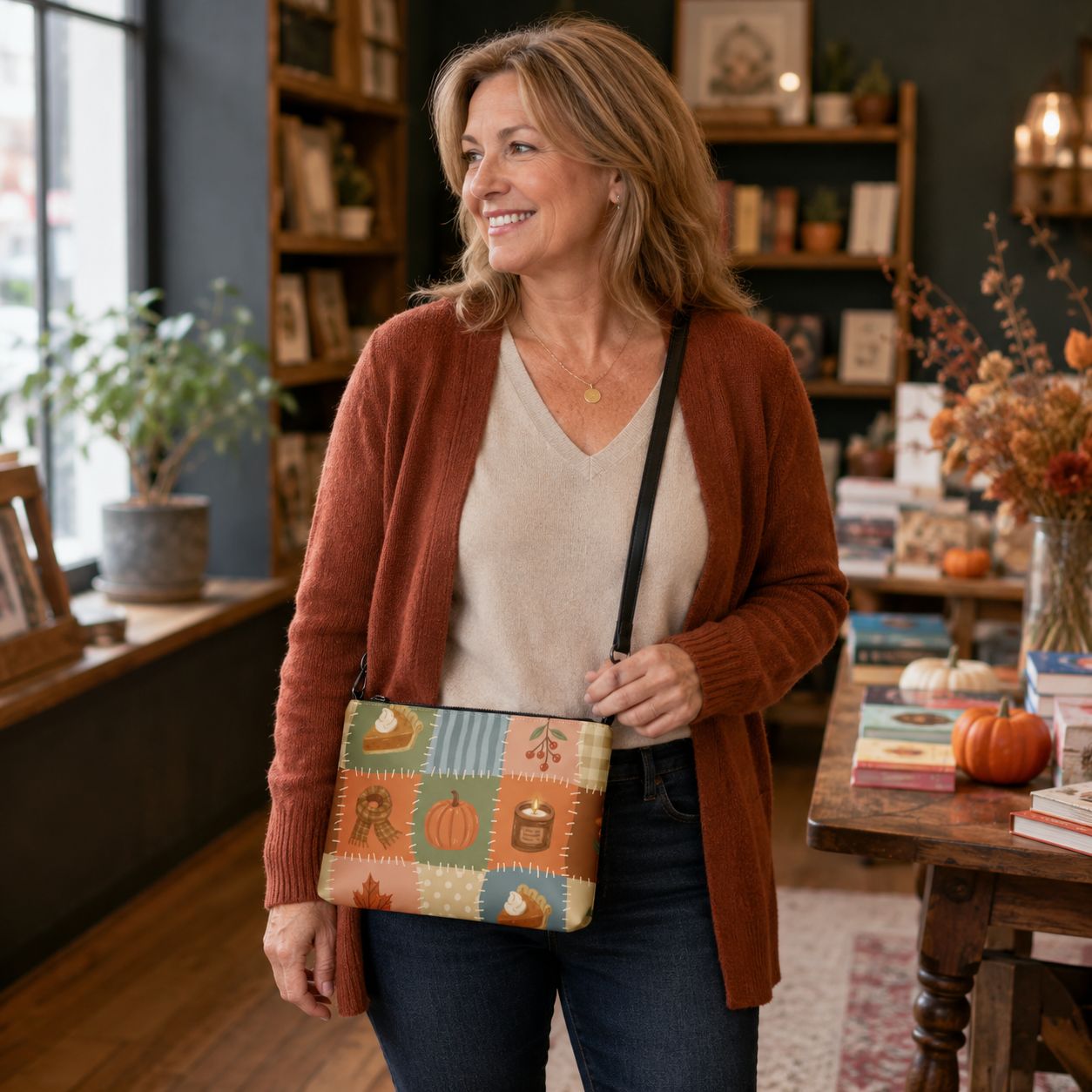Smiling mature woman carrying an autumn patchwork crossbody bag in a cozy bookstore with seasonal décor.