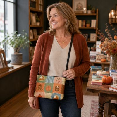 Smiling mature woman carrying an autumn patchwork crossbody bag in a cozy bookstore with seasonal décor.
