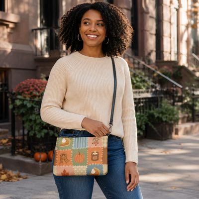 Black woman carrying an autumn patchwork crossbody bag on a city sidewalk with pumpkins and fall flowers.
