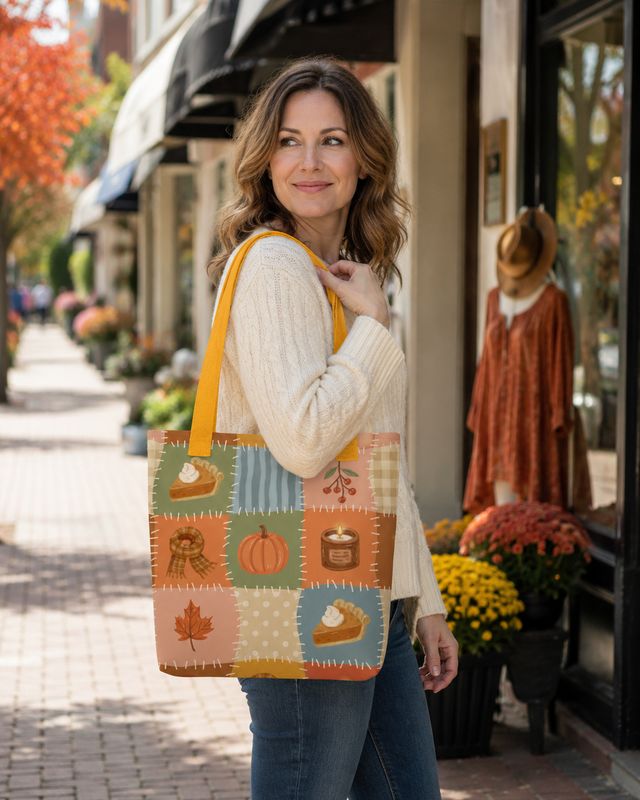 Woman carrying a 15-inch fall patchwork tote with yellow straps while shopping in a fall boutique district.