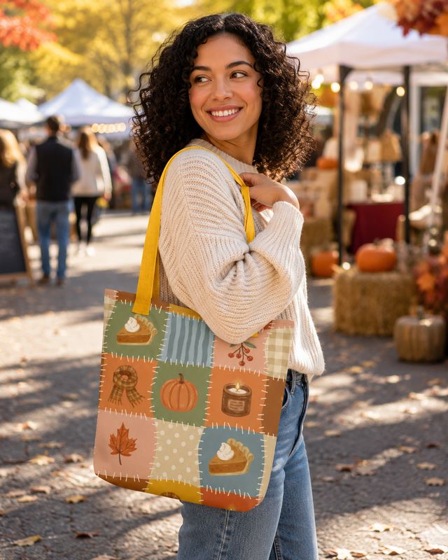 Curly-haired woman carrying a 15-inch fall patchwork tote with yellow straps at an outdoor autumn festival.