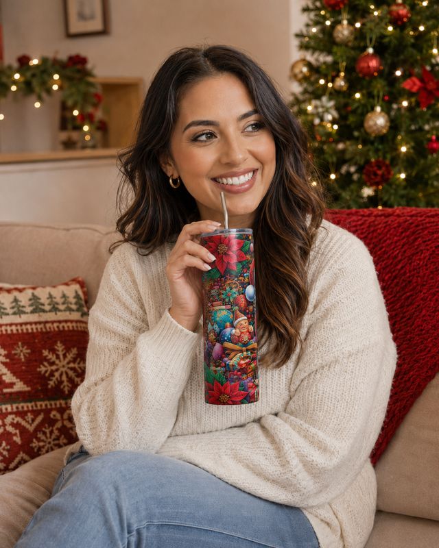 Smiling woman holding a Christmas tumbler with poinsettias, ornaments, gifts, and an elf beside a lit tree.