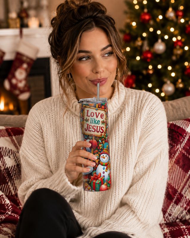 Woman sipping from a Love Like Jesus Christmas tumbler with a snowman and gifts by a decorated tree.