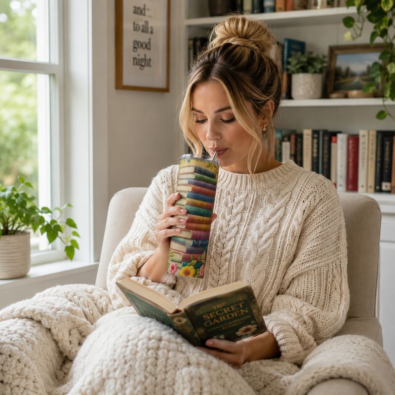 Woman reading and sipping from a 20 oz book-themed floral tumbler in a cozy home library.